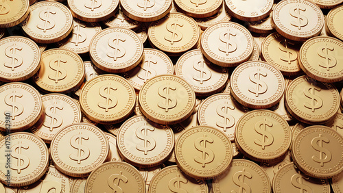 Gold coins with dollar inscriptions, top view