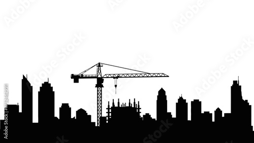 City Skyline Silhouette Construction Crane Urban Building Development Vector Background