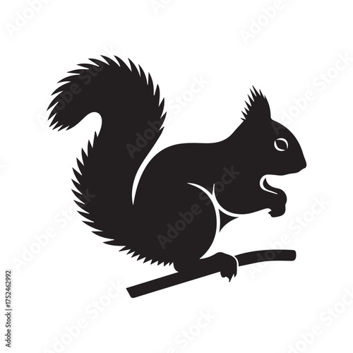 Minimalist black squirrel icon – stylized silhouette of perched squirrel with bushy tail and raised paw for wildlife design, forest visuals, and nature-themed graphics.