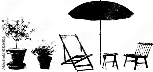 Vintage black and white linocut illustration set of outdoor furniture and plants for design projects
