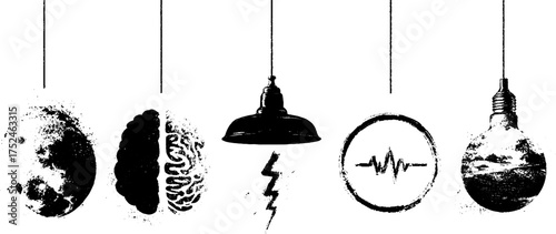 Monochrome linocut illustration set featuring brain and hand elements for vintage design