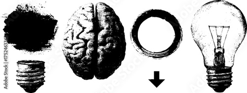 Black and white grunge linocut illustrations featuring brain and idea elements for creative design