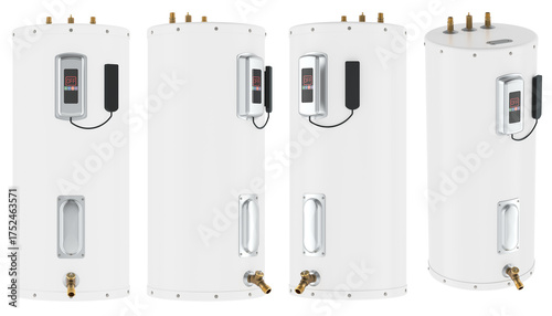 White electric water heater with electronic control panel and brass pipe fittings, shown from four angles. 3D rendering