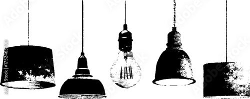 Vintage black and white ceiling light fixtures linocut illustration for interior design