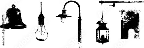 Black and white linocut grunge illustrations of ceiling lamps and lanterns for vintage design projects