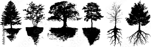 Black and white grunge linocut tree and root silhouettes for design