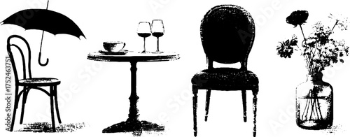 Grunge linocut illustrations of chairs, umbrella, and table for vintage boho decor