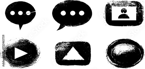 Grunge linocut collection of communication icons in black and white silhouette