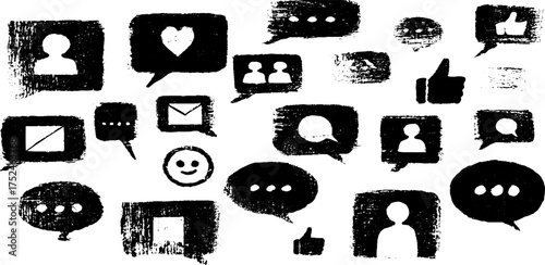 Grunge linocut illustration set with chat bubbles and social media icons for design projects