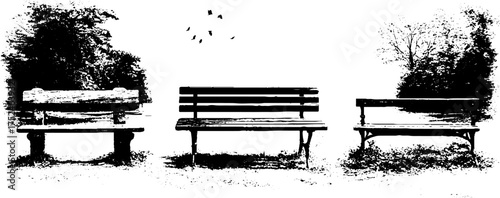 Black and white grunge linocut illustration of rustic concrete benches in nature setting