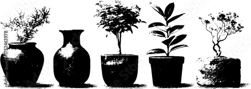 Black and white grunge linocut illustration set of decorative coral vases for artistic design