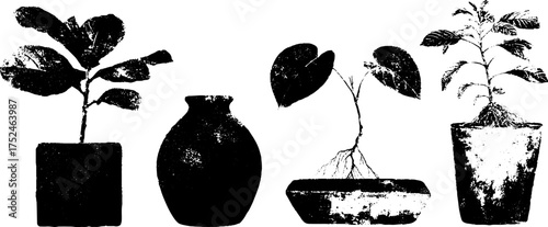 Black and white linocut illustration set of coral vase with plants for artistic decor