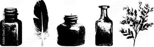 Grunge linocut set featuring apothecary bottles feathers and botanicals in black and white