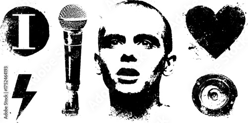 Grunge linocut illustration set with microphone, heart, and silhouette for vintage design