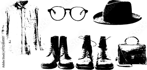 Vintage fashion accessories set: grunge linocut style dress, shoes, hat, glasses, and bag