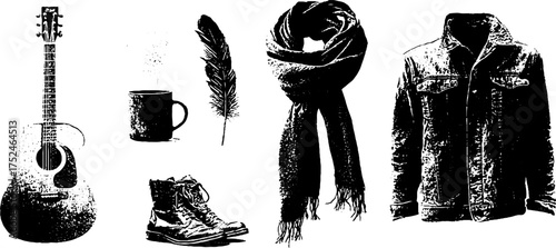 Black and white grunge linocut set with guitar, feather, and fashion elements