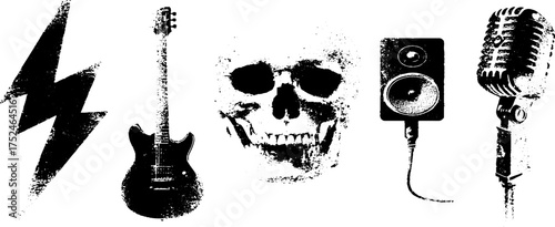 Grunge linocut music icons set with guitar, microphone, skull, lightning bolt, and speaker for vintage design