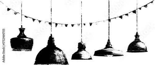 Rustic linocut design of hanging lamps for vintage decor and art projects