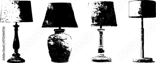 Grunge linocut illustration set of vintage lamps in black and white for artistic design projects