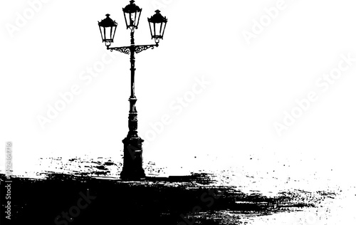Black and white grunge linocut illustration of vintage street lamp in urban setting for art and design