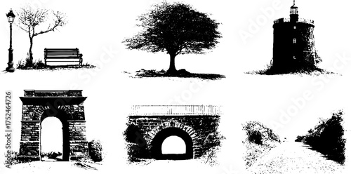 Black and white grunge linocut illustration set featuring lantern, tree, bench, and architectural elements