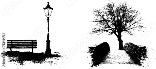 Vintage black and white linocut of lantern and park scene for classic decor