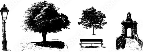 Black and white grunge linocut of lantern and nature elements for art and design