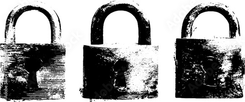 Grunge linocut locks and shields illustration set for vintage design