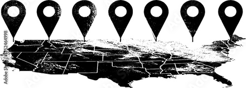 Grunge linocut map with pin markers design for posters and cards