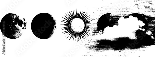 Black and white grunge moon phases and sun artwork for celestial design