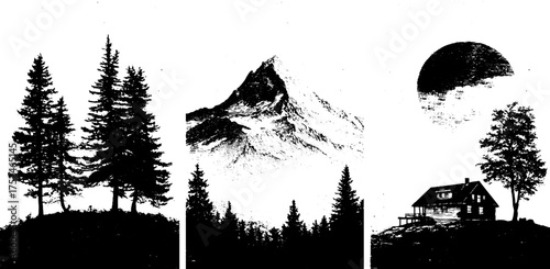Black and white grunge linocut mountain and woodland landscape set for artistic designs