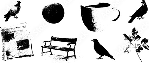 Vintage grunge linocut illustrations featuring newspaper, coffee cup, and pigeons