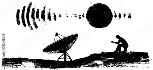 Celestial communication art - linocut silhouette of satellite dish and observer