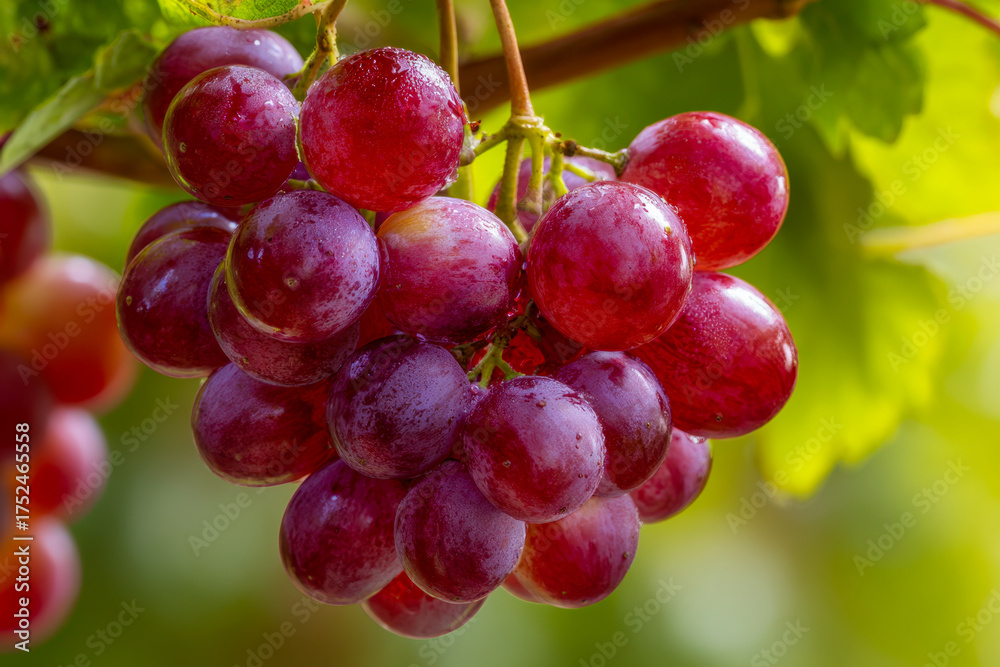 Fototapeta premium A vibrant bunch of ripe red grapes hanging on the vine with fresh green leaves in the background during bright daylight in a vineyard setting