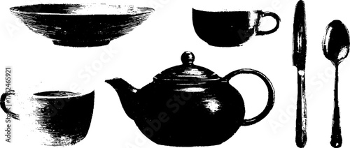 Rustic kitchenware design for print featuring grunge linocut plates and cups