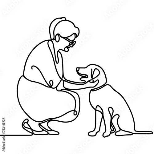 Ederly woman petting a dog minimalist single line drawing