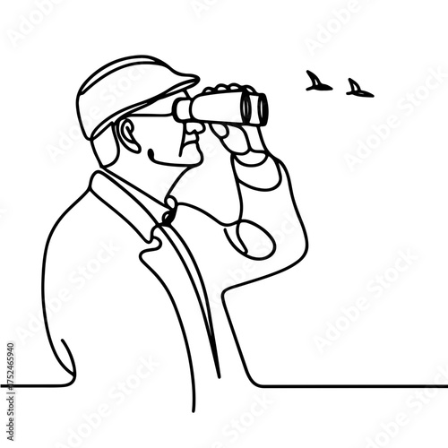Elderly man looking through binoculars watching birds one line art