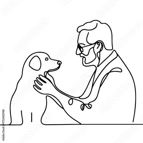 Ederly man petting a dog minimalist single line drawing