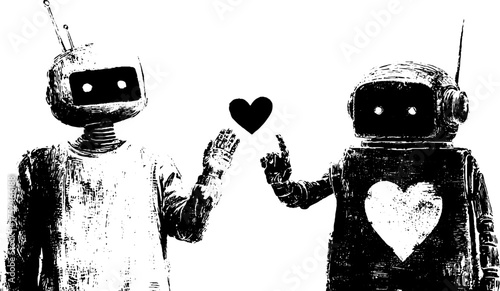 Charming grunge linocut robots with heart motif in black and white for artistic design