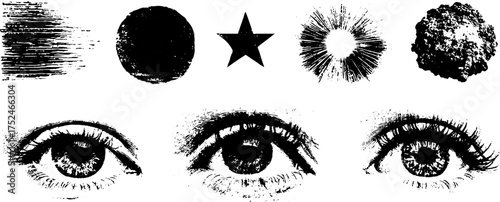 Black and white grunge linocut illustration set featuring runes and eye symbols for design and decoration