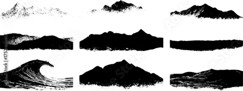 Grunge linocut sand dunes and ocean waves illustration set for vintage design