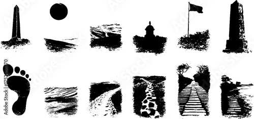Black and white grunge linocut illustration set of sand dunes and silhouettes for vintage design