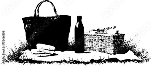 Black and white grunge linocut picnic scene with sandwiches and basket design for vintage decor