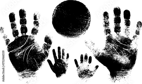 Grunge linocut handprint art with circle element for creative design