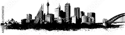 Urban skyline in black and white linocut style - skyscraper silhouette and city architecture design for posters