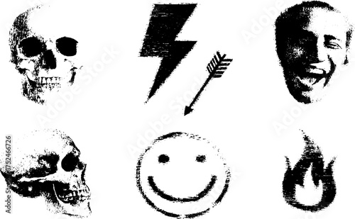 Grunge linocut skull and icon set for alternative design and art projects