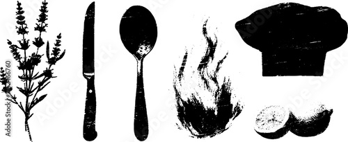 Black and white linocut illustration set: culinary utensils, flame, and nature elements for rustic design