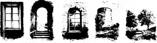Black and white grunge linocut set featuring windows and landscapes for artistic design