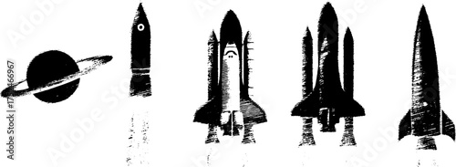 Celestial exploration black and white linocut illustrations of rockets and planets for design and decor