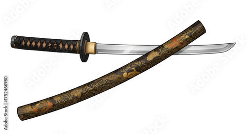 A Traditional Japanese Katana Sword with Scabbard, Showcasing Intricate Decorative Patterns